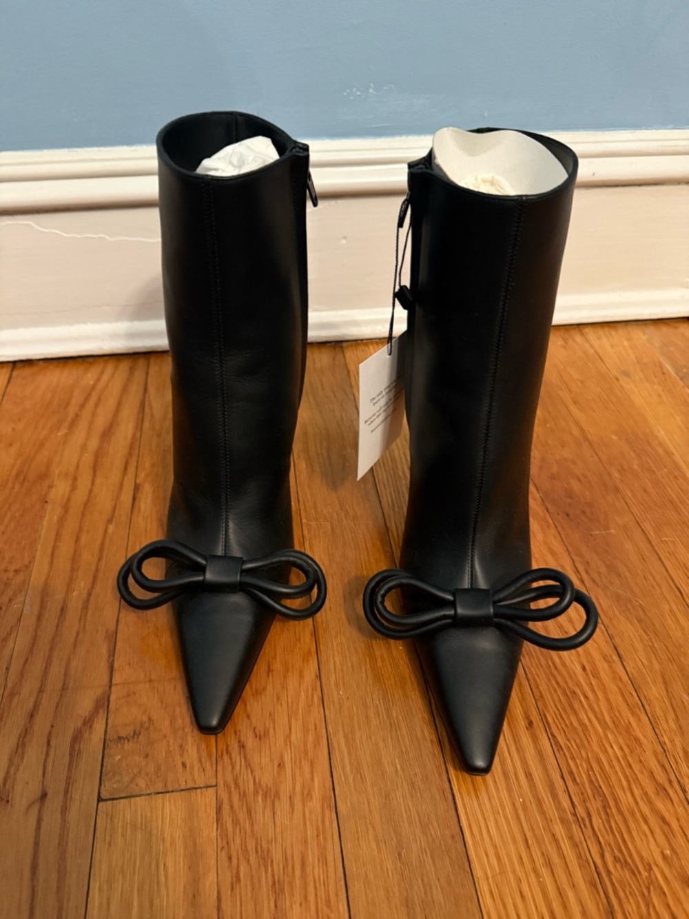 MACH & MACH Black Pointed-Toe Mid-Calf Bow-Front Boots